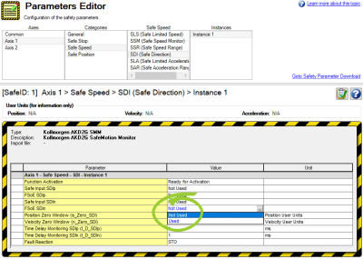 Parameters Editor with the FSoE SDIn values all shown and circled.